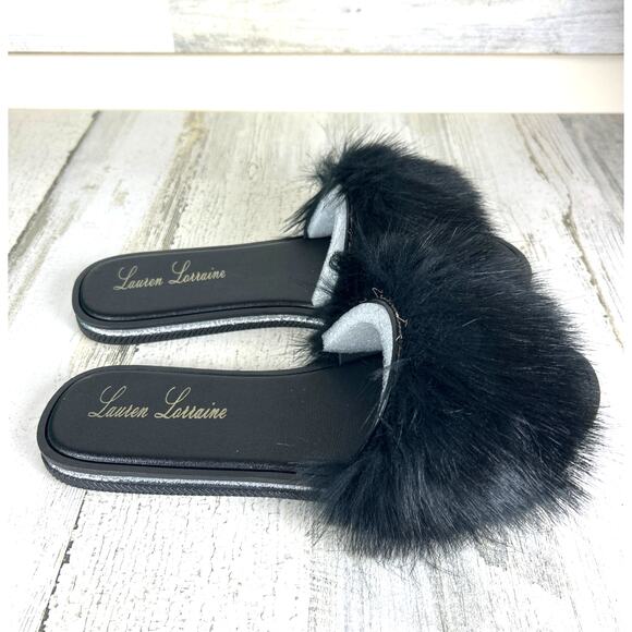Lauren Lorraine Womens 10/11 Black Faux Fur Slip-On Slipper Slides Sadndal NEW - Picture 5 of 8